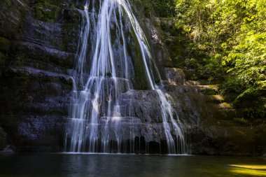 La Garrotxa, Girona, İspanya 'da İlkbahar Gorg De L Olla Şelalesi.