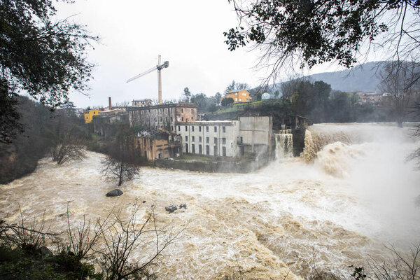 Floods in Sant Joan Les Fonts, La Garrotxa, Girona, Spain. January 2020