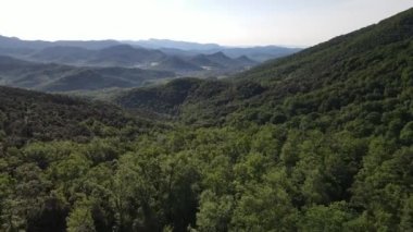 La Vall D En Bas, La Garrotxa, Girona, İspanya 'daki bahar manzarasının insansız hava aracı görüntüsü. 4K UHD