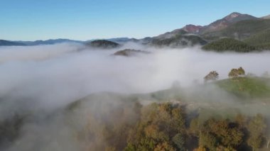 Sant Joan Les Abadesses, Girona, İspanya 'da sonbahar manzarasının insansız hava aracı sahnesi. 4K UHD