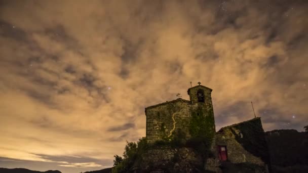 Time Lapse Scene Night Sky Sant Miquel Castello Church Garrotxa — Stockvideo