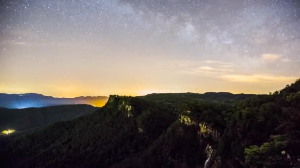 Time Lapse Scene Milky Way Salt Coromina Waterfall Garrotxa Spain — Stockvideo