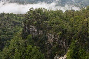 Salt De Coromina Şelalesi 'nde bahar günbatımı, La Garrotxa, İspanya.