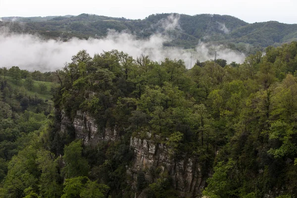 Salt De Coromina Şelalesi 'nde bahar günbatımı, La Garrotxa, İspanya.
