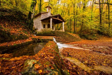 Sonbahar, Sant Marti del Corb Kilisesi, La Garrotxa, Kuzey İspanya.