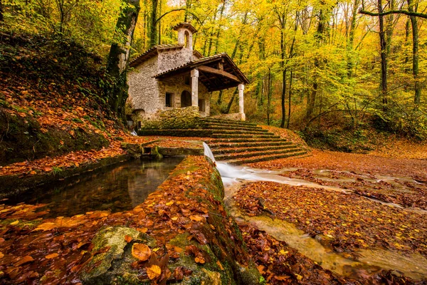 Sonbahar, Sant Marti del Corb Kilisesi, La Garrotxa, Kuzey İspanya.