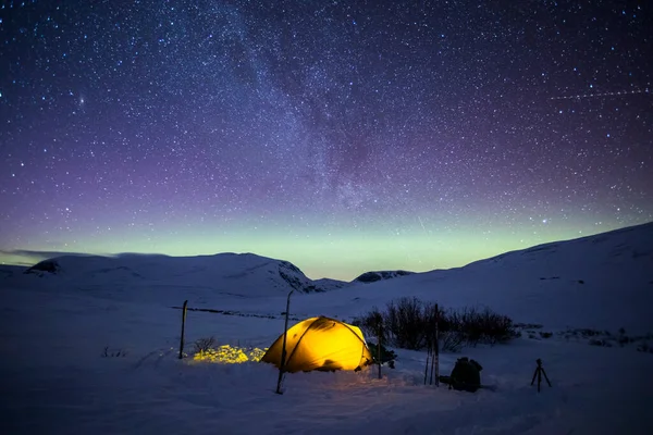 Expedição Esqui Luzes Norte Parque Nacional Dovrefjell Sul Noruega — Fotografia de Stock
