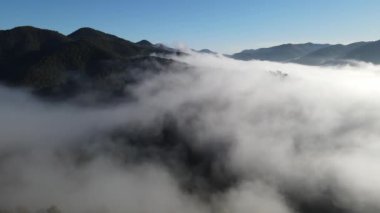 Sant Joan Les Abadesses, Girona, İspanya 'da sonbahar manzarasının insansız hava aracı sahnesi. 4K UHD