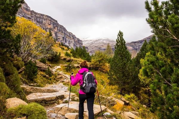 Young Woman Autumn Ordesa Monte Perdido National Park Spain —  Fotos de Stock