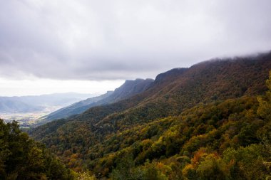 Puigsacalm tepesinde sonbahar gündoğumu, La Garrotxa, Girona, Kuzey İspanya.
