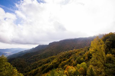 Puigsacalm tepesinde sonbahar gündoğumu, La Garrotxa, Girona, Kuzey İspanya.
