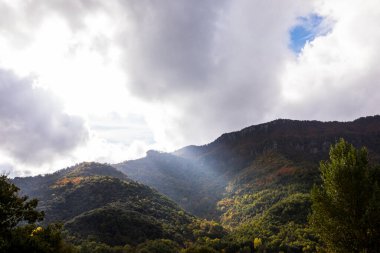 Puigsacalm tepesinde sonbahar gündoğumu, La Garrotxa, Girona, Kuzey İspanya.