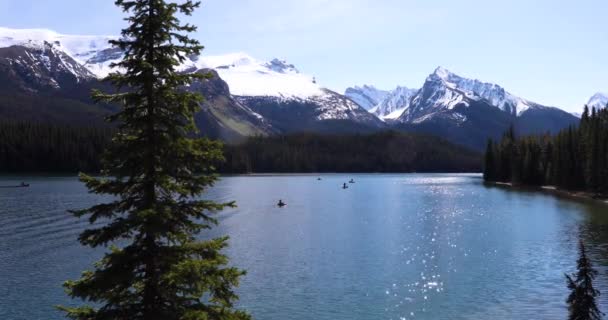 Summer Landscape People Kayaking Fishing Maligne Lake Jasper National Park — Stock video