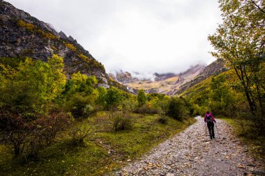 Sonbaharda Ordesa ve Monte Perdido Ulusal Parkı 'nda genç bir kadın.
