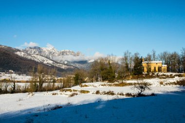 Winter snowfall in La Vall D En Bas and Puigsacalm peak, La Garrotxa, Girona, northern Spain.