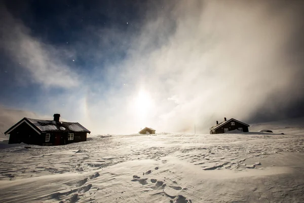 Szélsőséges Téli Szél Reinheim Cabin Dovrefjell Nemzeti Park Dél Norvégia — Stock Fotó