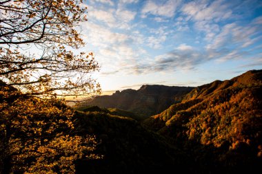 Puigsacalm tepesinde sonbahar gündoğumu, La Garrotxa, Kuzey İspanya.