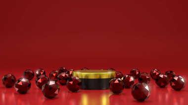 Kırmızı arka planda kırmızı kristal küreleri olan siyah ve altın kürsü. 3d oluşturma.