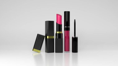 Pembe renkli rujlar. Güzellik için dekoratif kozmetik ürün ve beyaz arka planda parlak dudaklar. 3B görüntüleme.