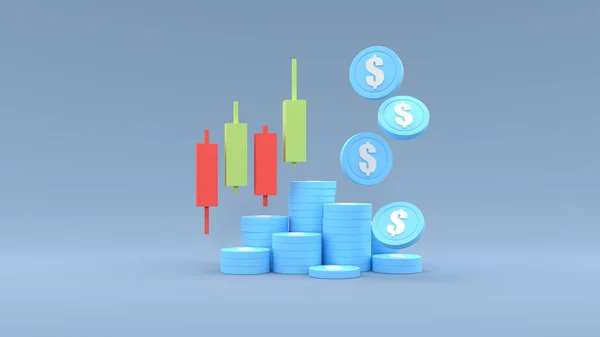 3Dレンダリング投資家の概念株式市場キャンドルスティックチャート 青の背景に棒グラフとコイン — ストック写真