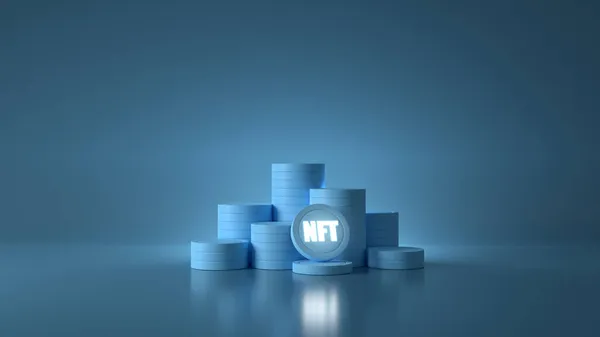 青い背景に暗号芸術のためのNft非可偽造トークンのコイン3Dレンダリングの山 ブロックチェーン技術と集団市場における破壊的な収益化 — ストック写真