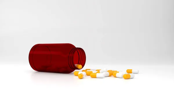 White Yellow Pill Capsule Red Glass Pill Bottle White Background — Stock Photo, Image