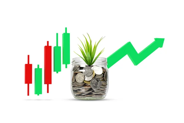 投資の概念 グラフと緑の矢印でガラス瓶のコインの山に成長する植物 3Dレンダリング図 — ストック写真