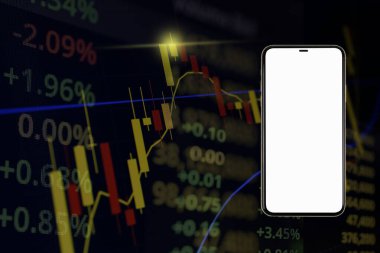 White blank screen smartphone on Stock market or forex trading chart and candlestick chart suitable for financial investment.