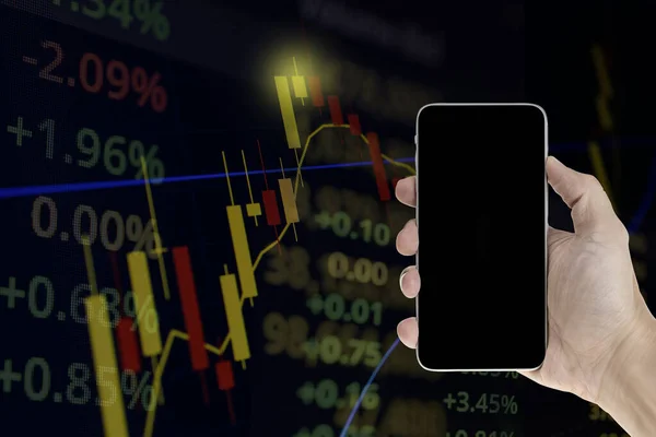 Man Hand Holding Smartphone Black Blank Screen Stock Market Forex — Stock fotografie