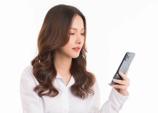 Portrait Asian Woman Holding Smartphone Isolated White Background — 스톡 사진