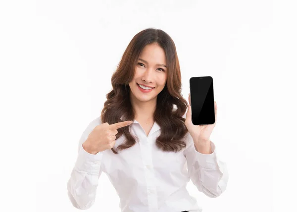 Asian Woman Long Hair Wearing White Shirt Holding Black Screen — 스톡 사진