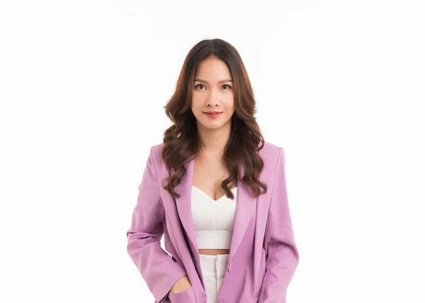 Asian Businesswoman Wearing Pink Suit Standing White Background — 스톡 사진
