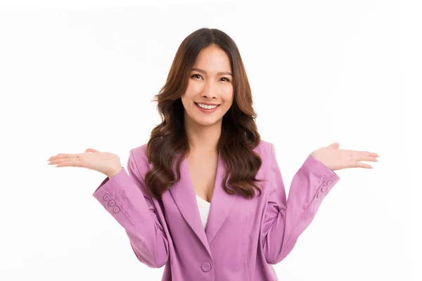 Asian Woman Long Hair Wearing Suit Both Hands White Background — ストック写真