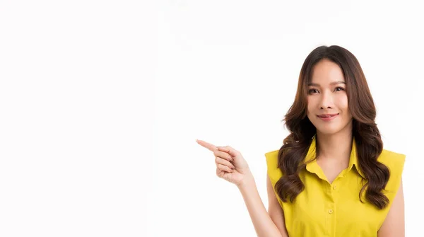 Asian Woman Smiling Standing Pointing Finger Out Isolated White Background — ストック写真