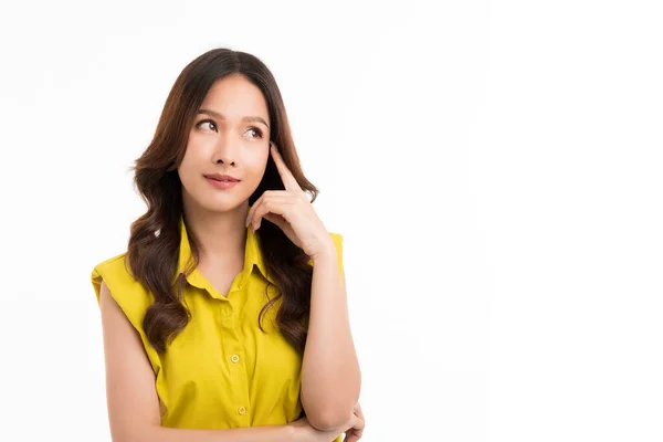 Long Hair Asian Woman Thinking Looking Empty Isolated White Background — 스톡 사진