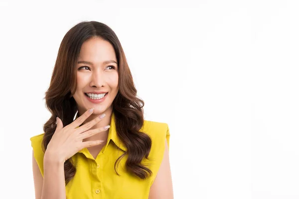 Long Hair Asian Woman Wearing Green Shirt Smiling Looking Sideways — ストック写真