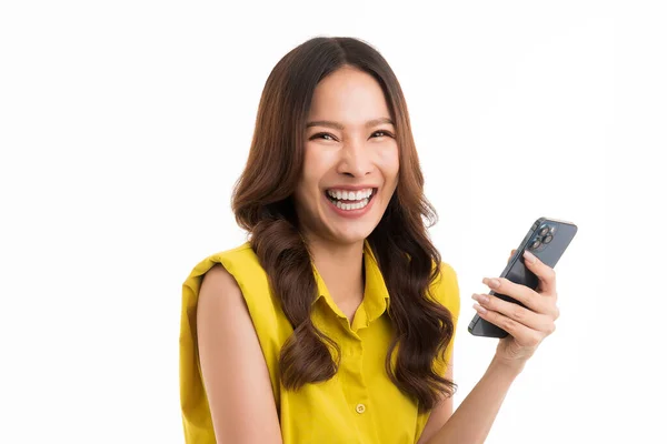 Asian Woman Long Hair Wear Green Shirt Holding Smartphone Smile — 스톡 사진