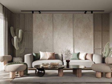 Modern mobilyalar ve büyük kaktüslerle dolu çağdaş oturma odası. Duvar modelleme konsepti, 3D düzenleme 