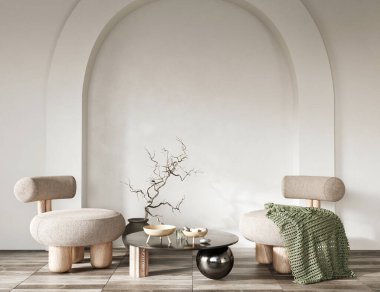 Minimalist iç tasarım ve kemer kaplamalı sandalyeler. Duvar modelleme konsepti, 3D düzenleme 