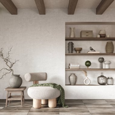 Duvar rafları ve ahşap kirişlerle inşa edilmiş minimalist iç tasarım. Wabi sabi konsepti, 3D render 