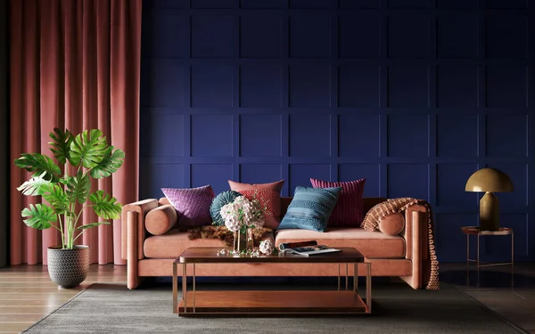 Modèle Intérieur Maison Avec Canapé Confortable Sur Fond Mur Bleu — Photo