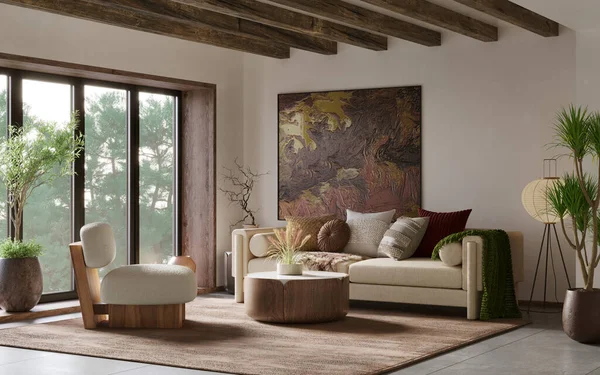 Design Intérieur Appartement Moderne Avec Grande Fenêtre Bois Canapé Confortable — Photo