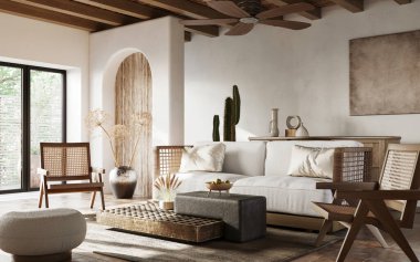 Tasarım mobilyaları, zarif aksesuarları ve bambu tavanı olan şık bir oturma odası. 