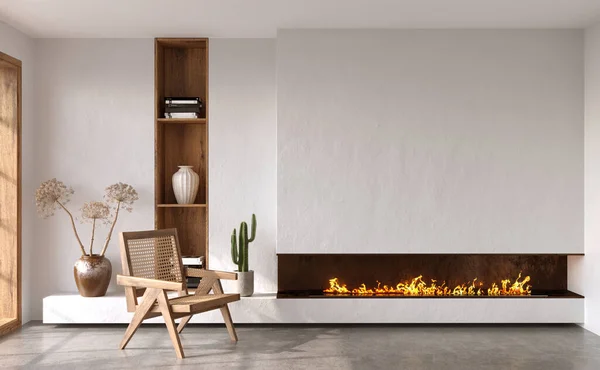 Minimalist living room interior with modern fireplace and white walls. Interior mockup, 3d render