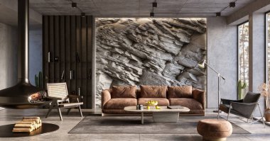 Natural Mountain Rock Wall in modern living room interior, 3d render 
