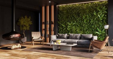 Vertical Green Wall in modern living room interior, 3d render 