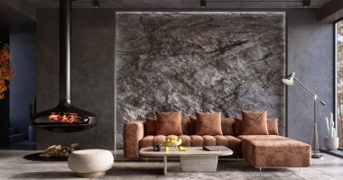 Natural Mountain Rock Wall in modern living room interior, 3d render 