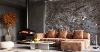 Natural Mountain Rock Wall in modern living room interior, 3d render 