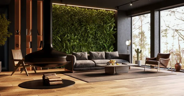 Vertical Green Wall Modern Living Room Interior Render — Zdjęcie stockowe