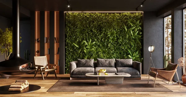 Vertical Green Wall Modern Living Room Interior Render — Stockfoto